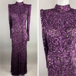 MacDuggal Eggplant Purple Sequin Long SLeeve High Neck Evening Dress 10 4729D